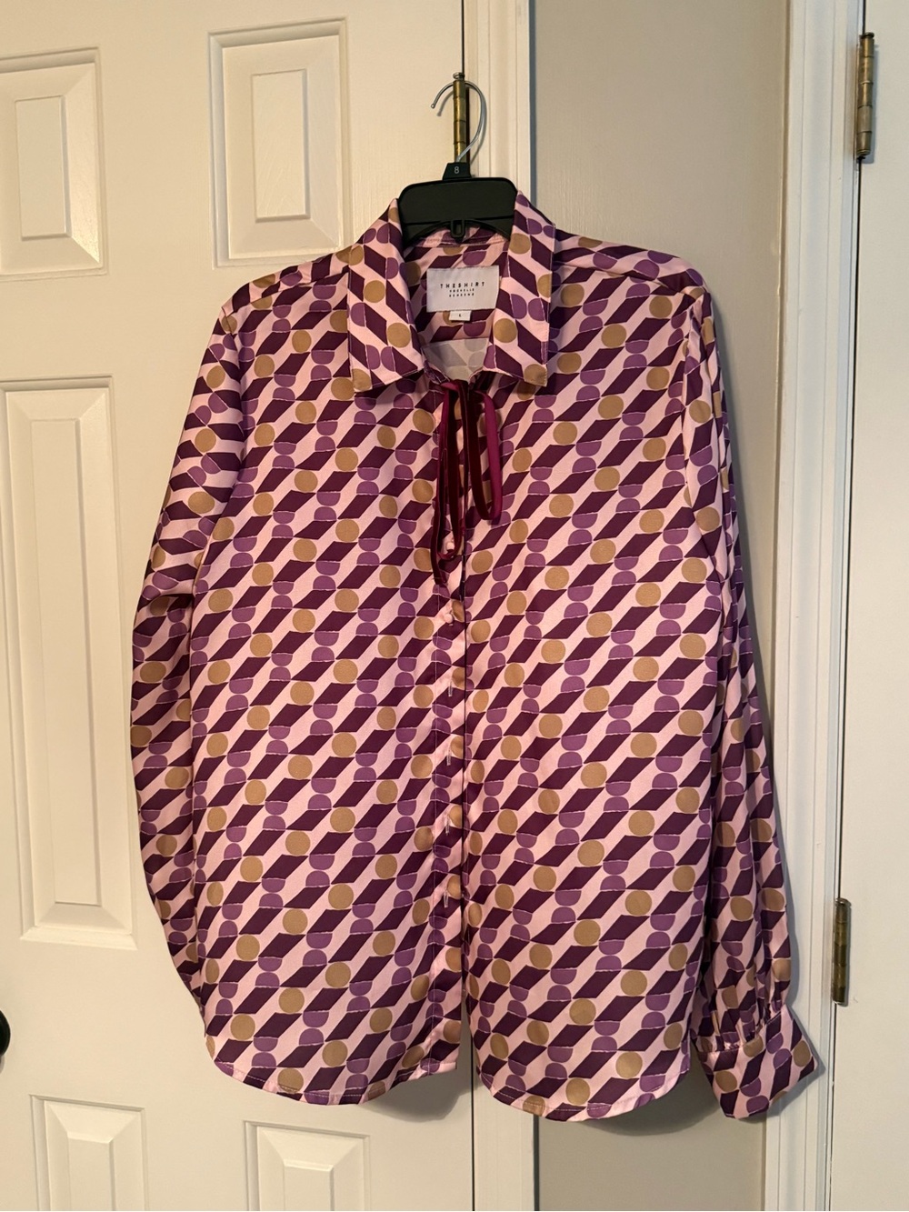 The Shirt by Rochelle Behrens Large Purple Geometric-Print Tie-Neck Blouse